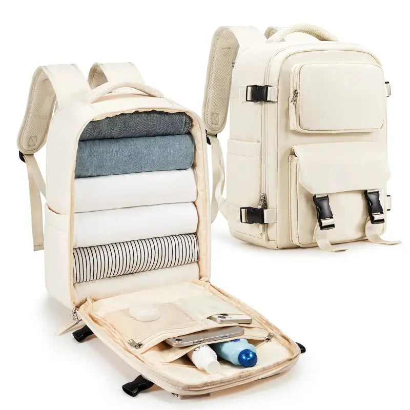 sac à dos cabine 40 x 25 x 20 vue de profil et de l'intérieur coloris beige
