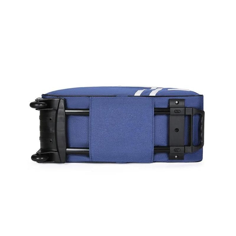 sac de voyage étanche à roulettes bleu valise vue de dessous