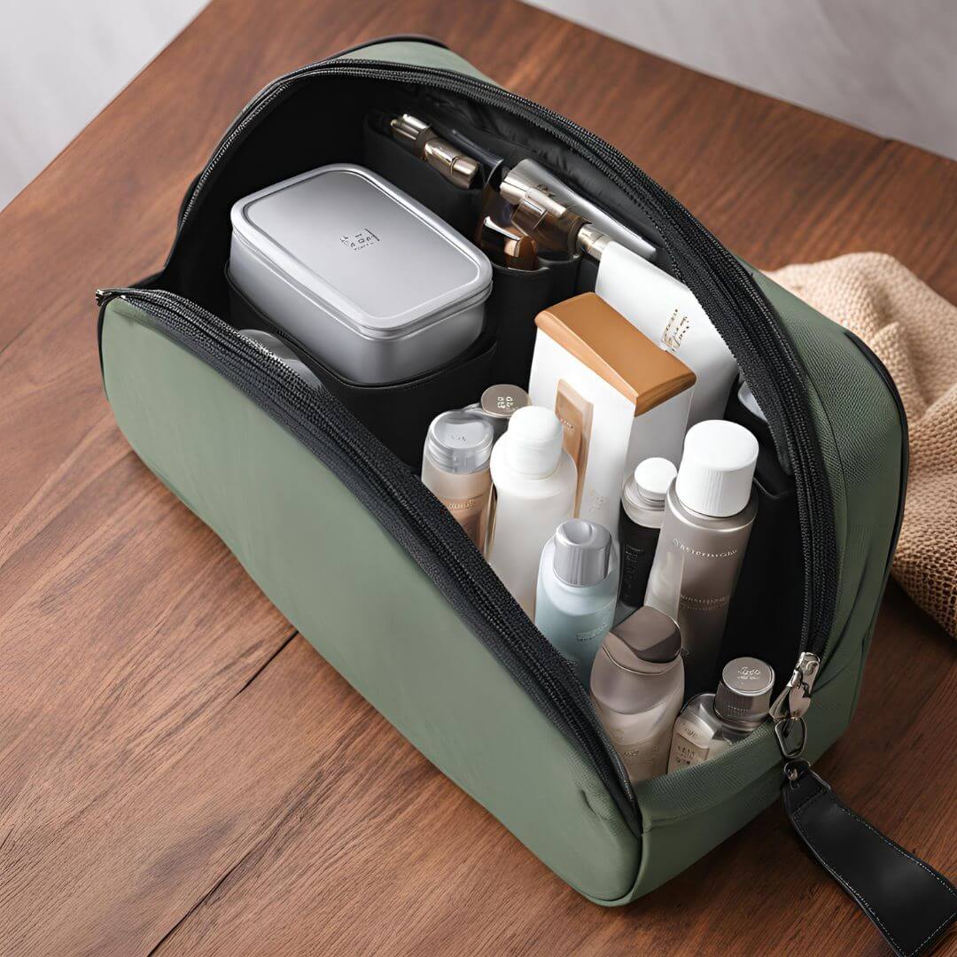 trousse de toilette remplie d'accessoires de toilette