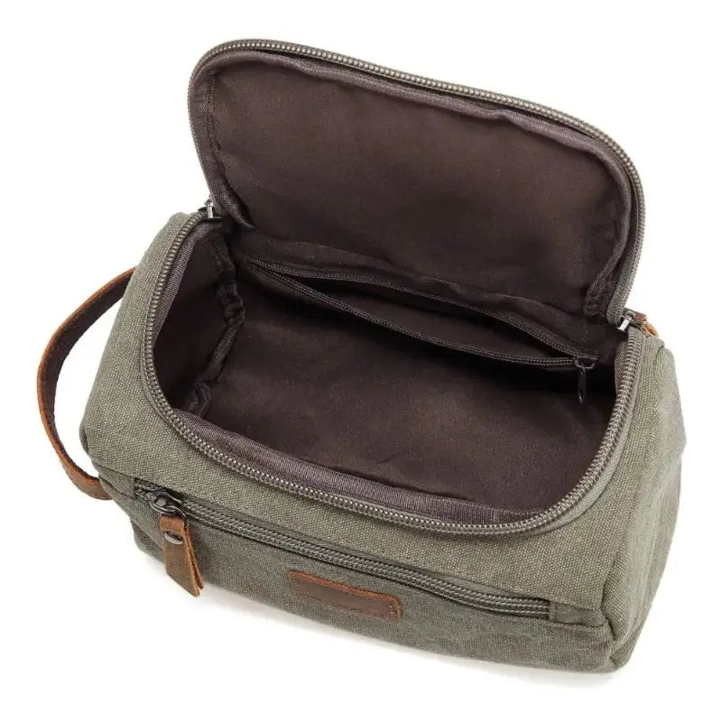 trousse de toilette rétro en tissu coloris vert militaire vue de l'intérieur