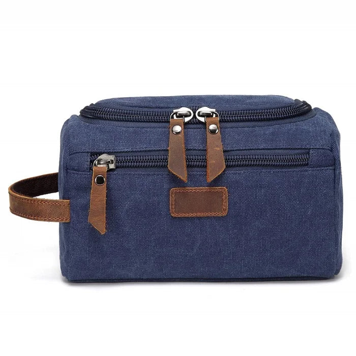 trousse de toilette en tissu rétro coloris bleu vue de face
