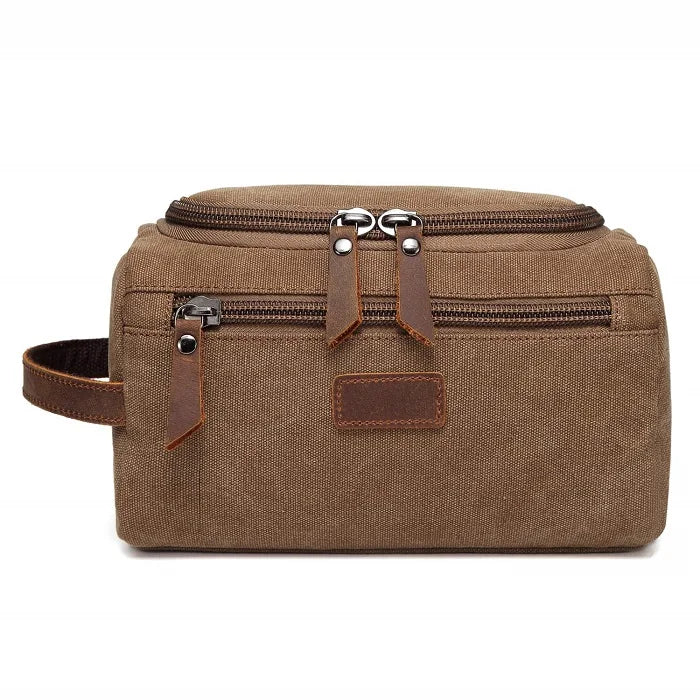 trousse de toilette en tissu rétro coloris marron vue de face