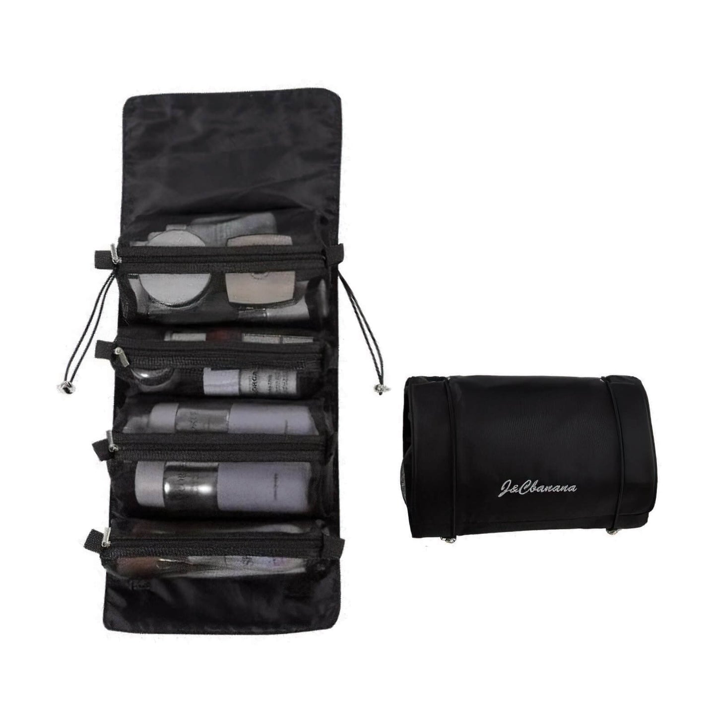 trousse de toilette dépliante noir vue de face pliée et dépliée