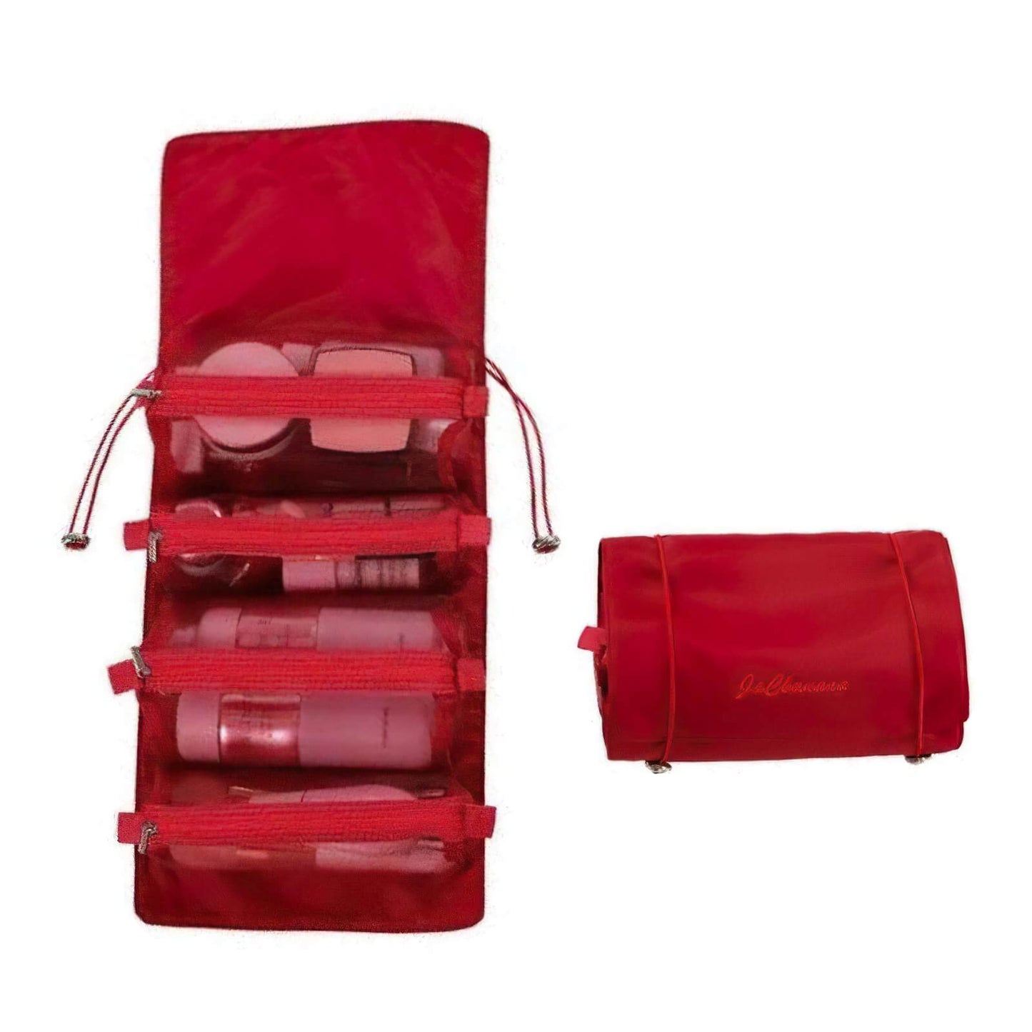 trousse de toilette dépliante rouge vue de face pliée et dépliée