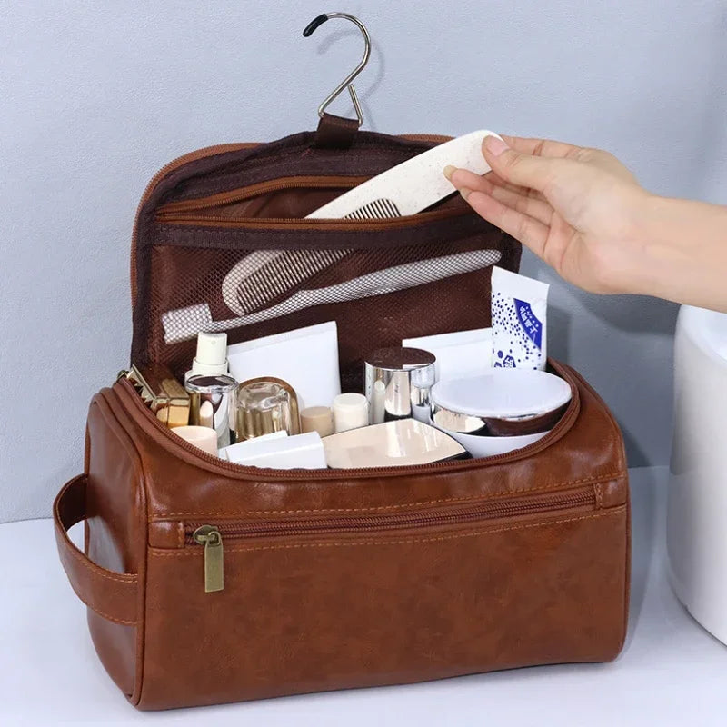 trousse de toilette vintage homme marron vue de l'intérieur