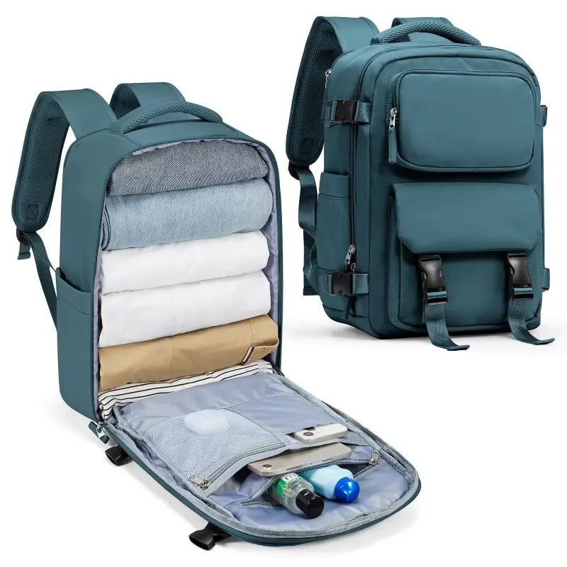 sac à dos cabine 40 x 25 x 20 vue de profil et de l'intérieur coloris bleu peacock