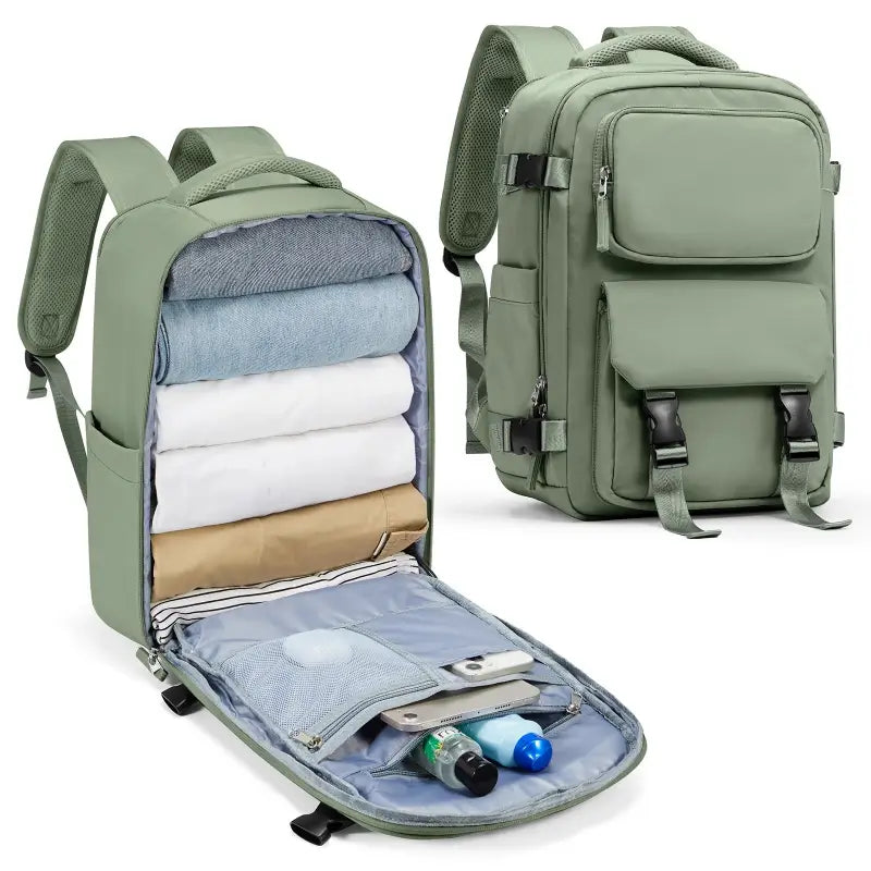 sac à dos cabine 40 x 25 x 20 vue de profil et de l'intérieur coloris vert clair