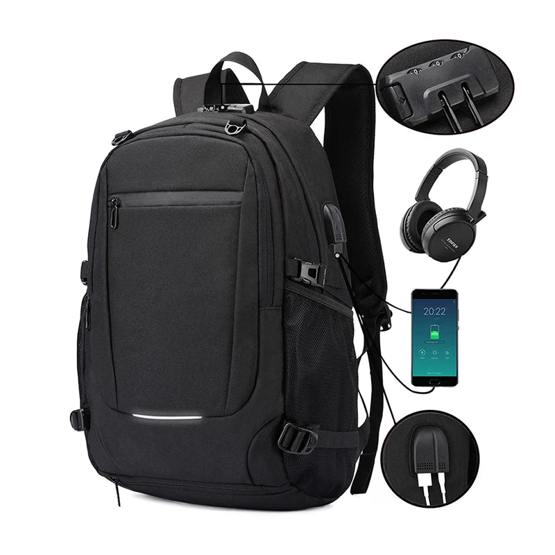 sac  àdos multifonction anti pickpocket coloris noir vue de face avec caractéristiques comme port usb et cadenas