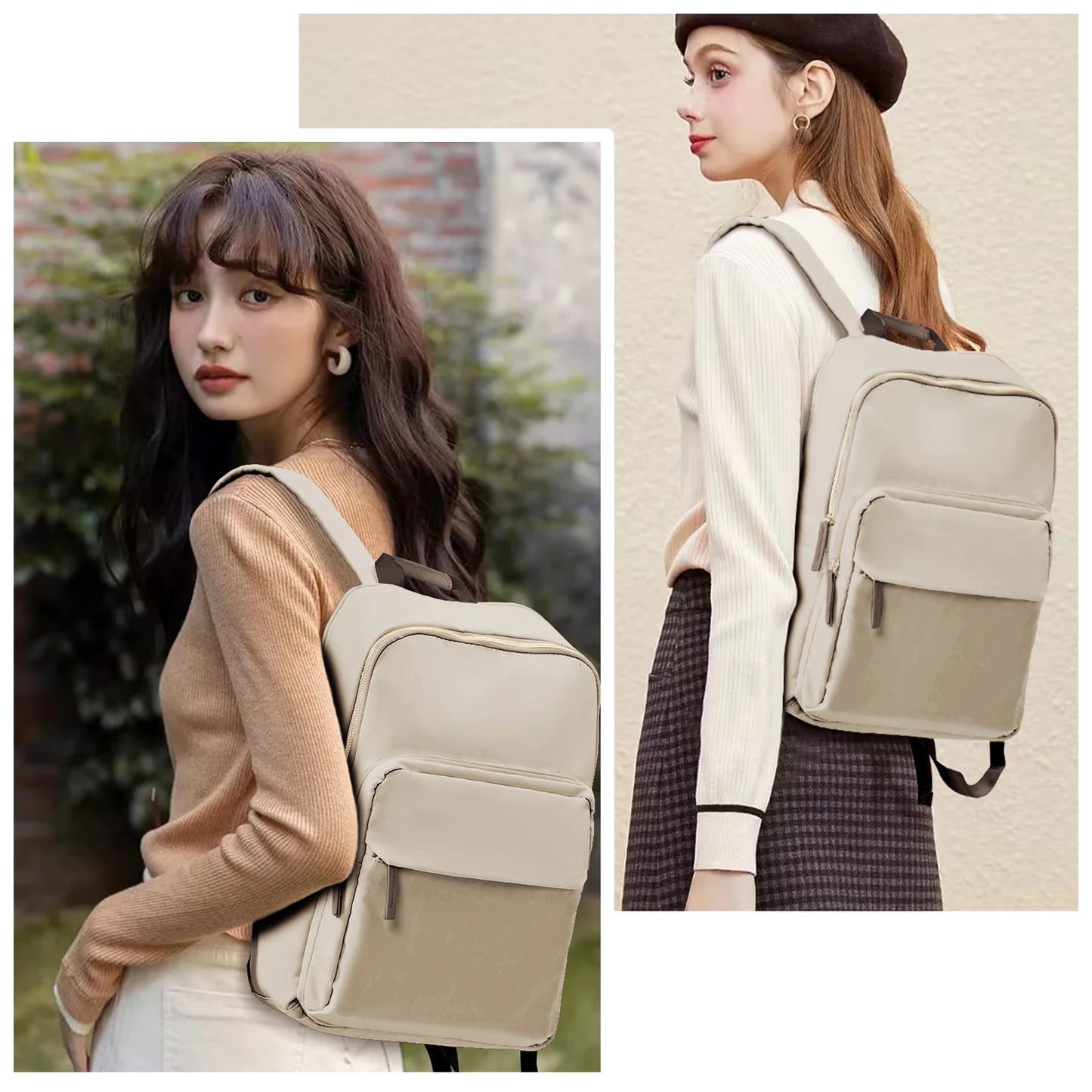 sac à dos ordinateur pour femme léger coloris khaki porté par un mannequin