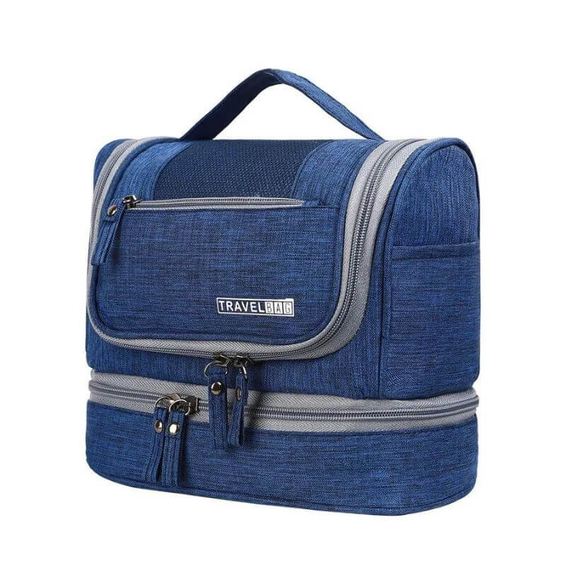 trousse de toilette grand format bleue vue de profil